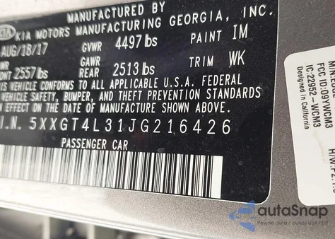 2018 Kia Optima Lx из США, поврежденный, VIN 5XXGT4L31JG216426